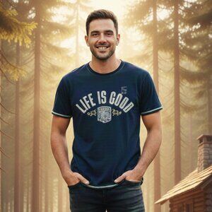 Life Is Good Mens Size M Deutschland Graphic T-Shirt Navy Blue Fitted Crewneck